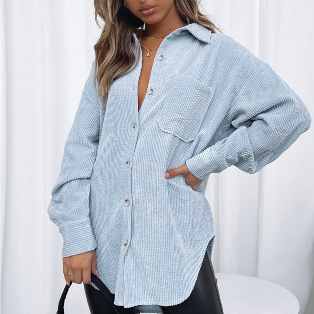 Brand New with Tags White Fox Boutique out and about cord long sleeve shirt Blue